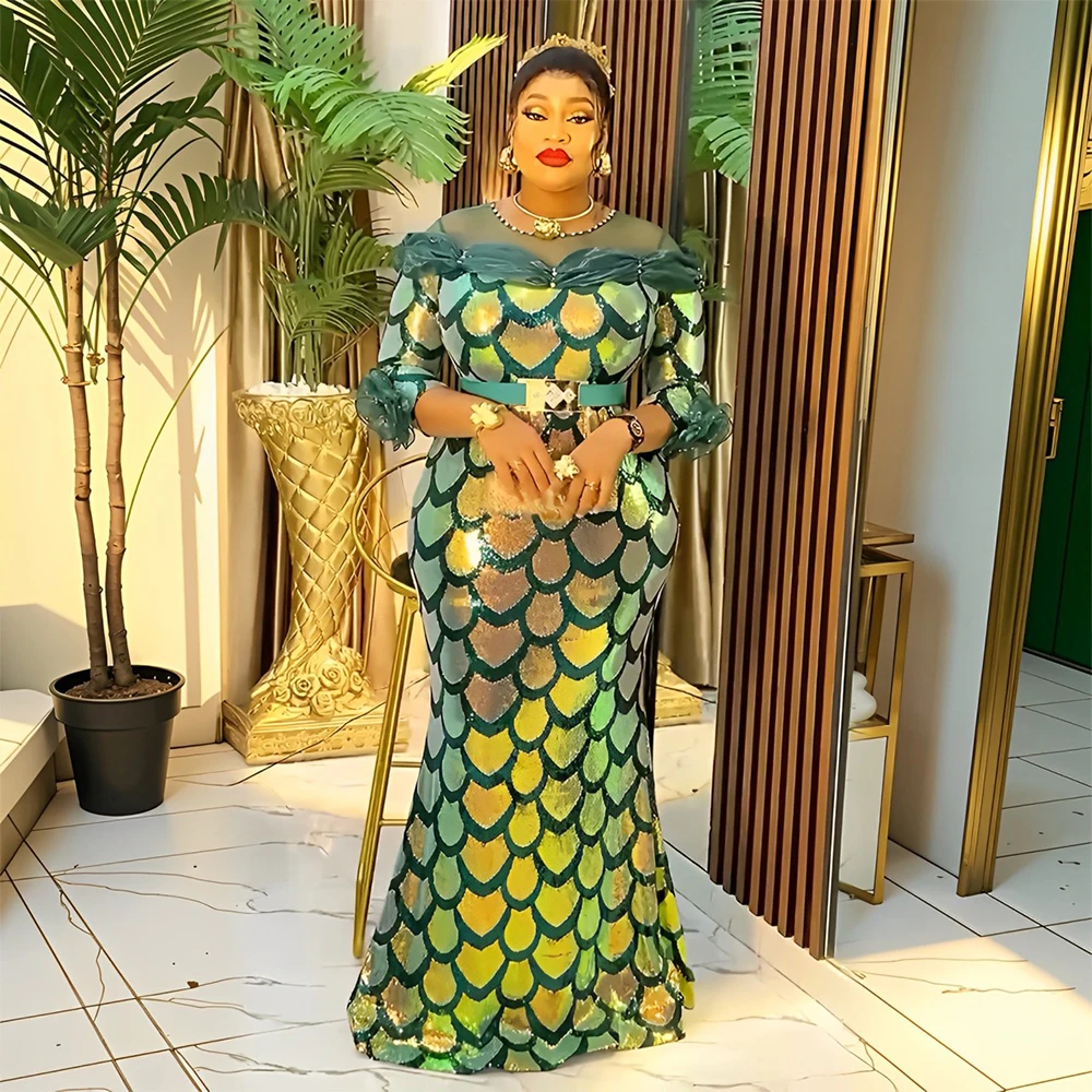 

African For Women 2025 New Fashion Plus Size Sequin Christmas Evening Party Long Fishtail Dress Dashiki Ankara African Clothes