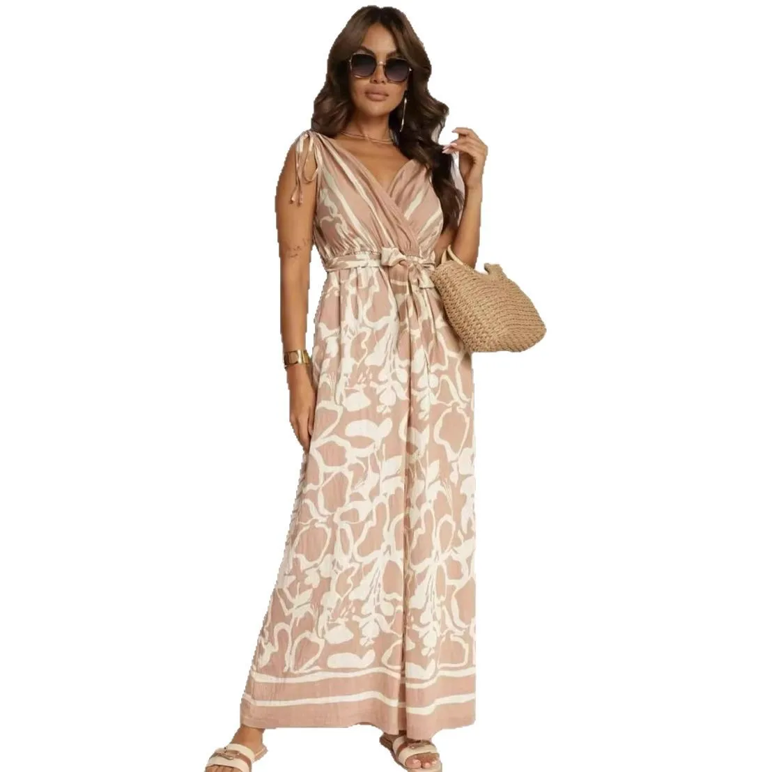 エレガントなロングジャンプスーツ レディース セクシー ワイドレッグジャンプスーツ カジュアル ノースリーブ 花柄 サマージャンプスーツ 女性用 2025年新作