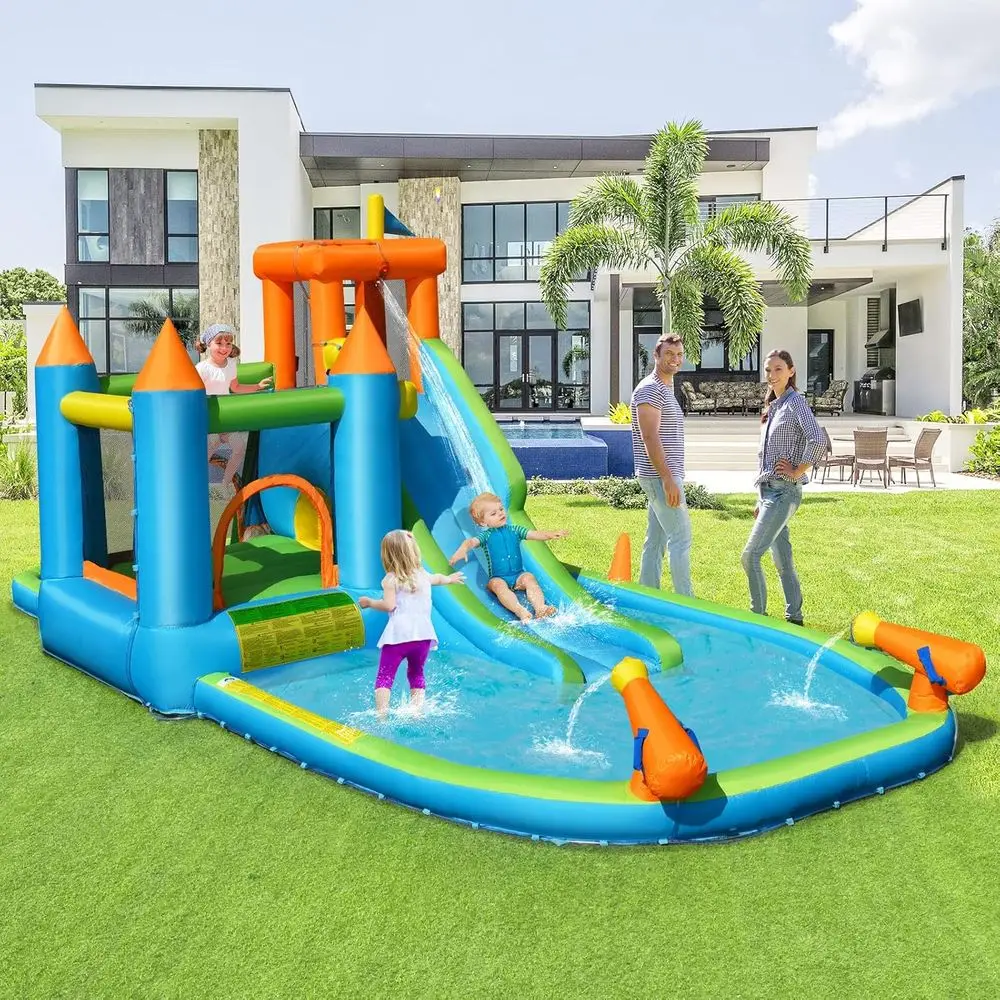 منزلق مائي Iatable، 8 في 1 منزلق مائي عملاق للقفز المائي مع حوض سباحة رذاذ، زحف، تفجير خارجي