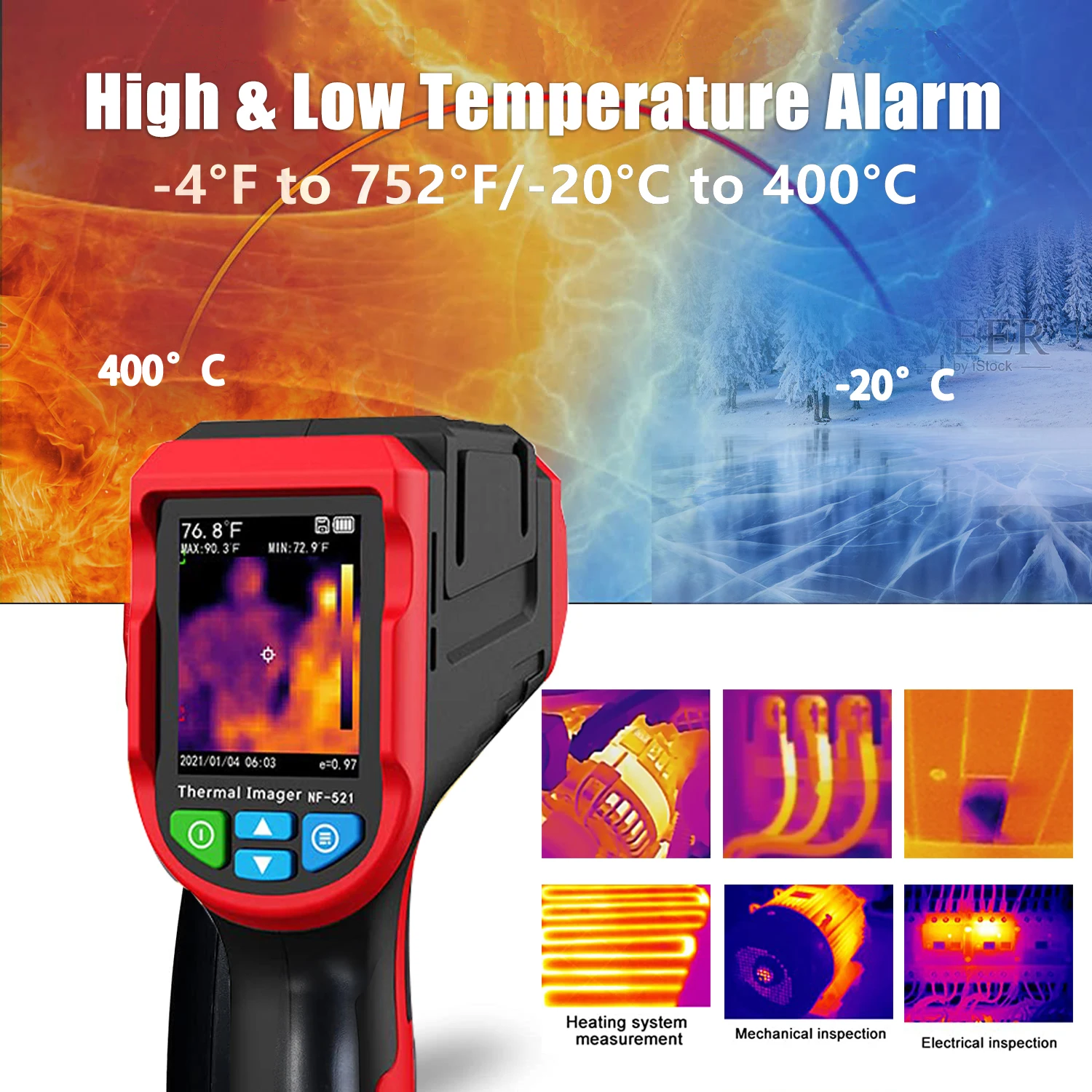 Thermal Imager NF-521 กล้องอินฟราเรดแบบพกพาจอแสดงผลดิจิตอลเครื่องตรวจจับความร้อนมือถืออุณหภูมิ Imaging Imager