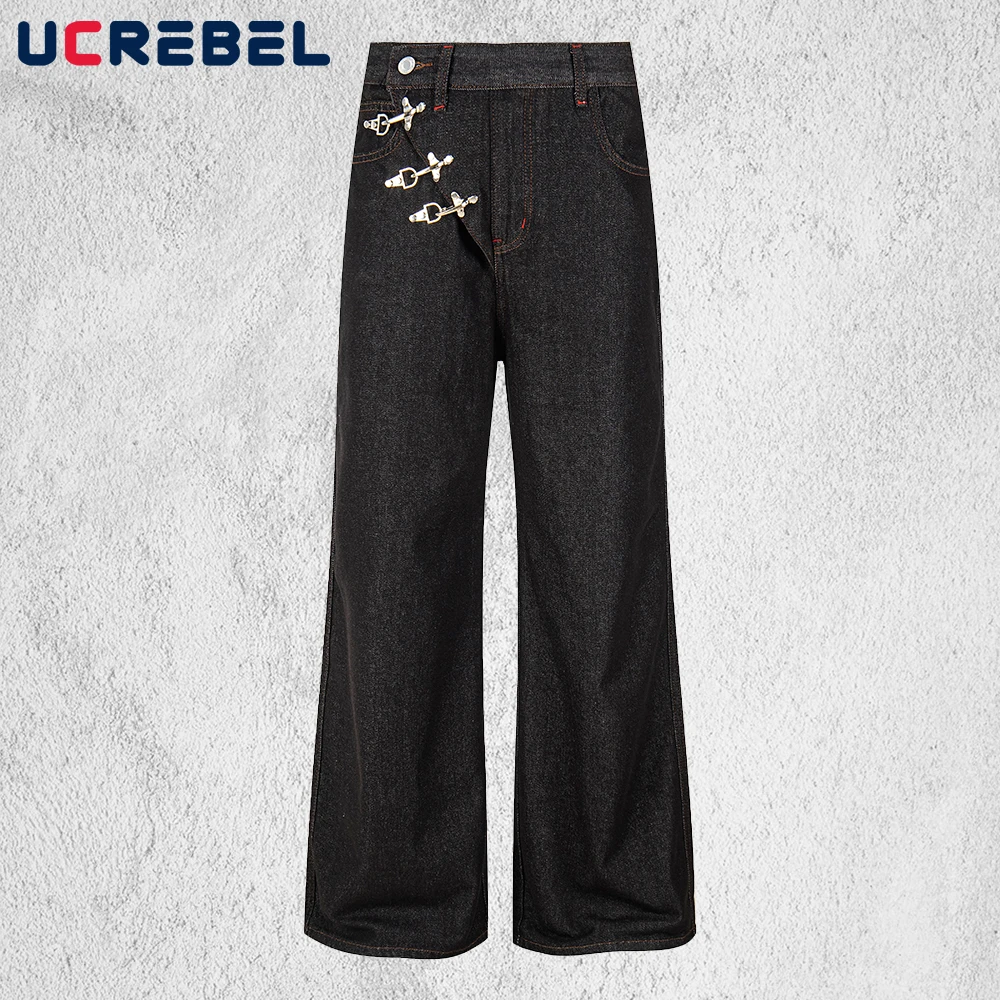 

Button Decoration Bootcut Jeans Mens Topstitch Retro High Street Baggy Straight Dark Denim Pants Man
