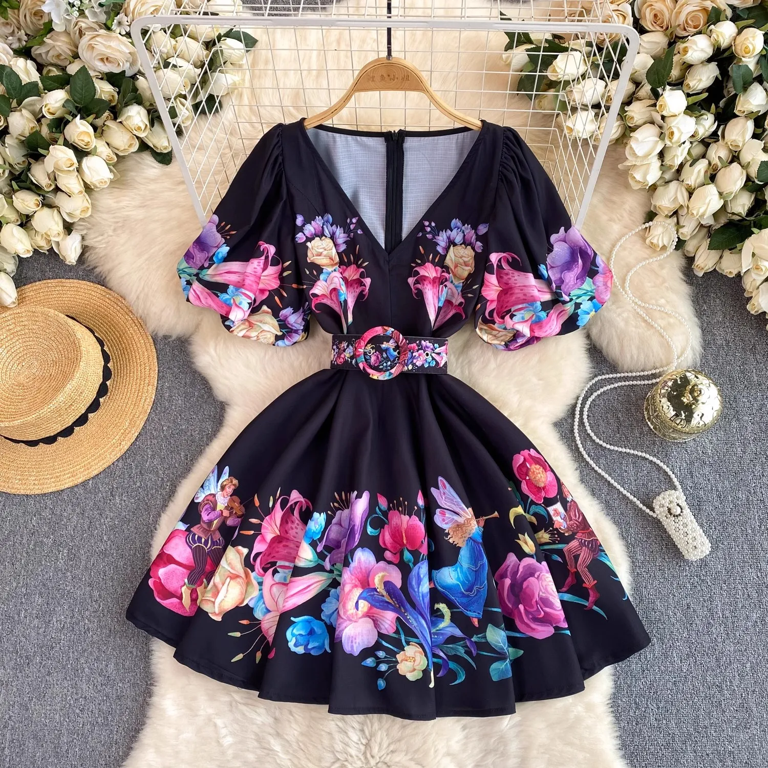 Summer Bohemian Flower Short Dress Women V-Neck Puff Sleeve Floral Print High Waist A-Line Belt Holiday Boho Mini Vestidos 2059