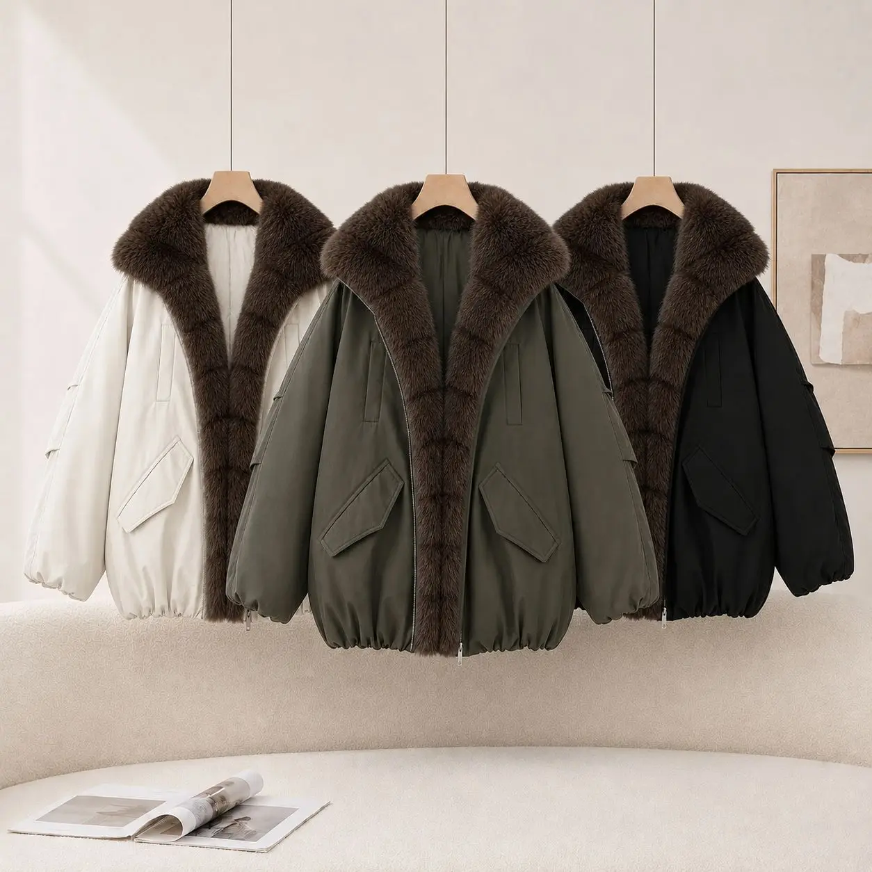 2026 New Ladies Multi Pocket Parka Loose Cut Large Faux Fur Collar Winter Warm Women Casual Puffer Jacket Outer Garment Apparel