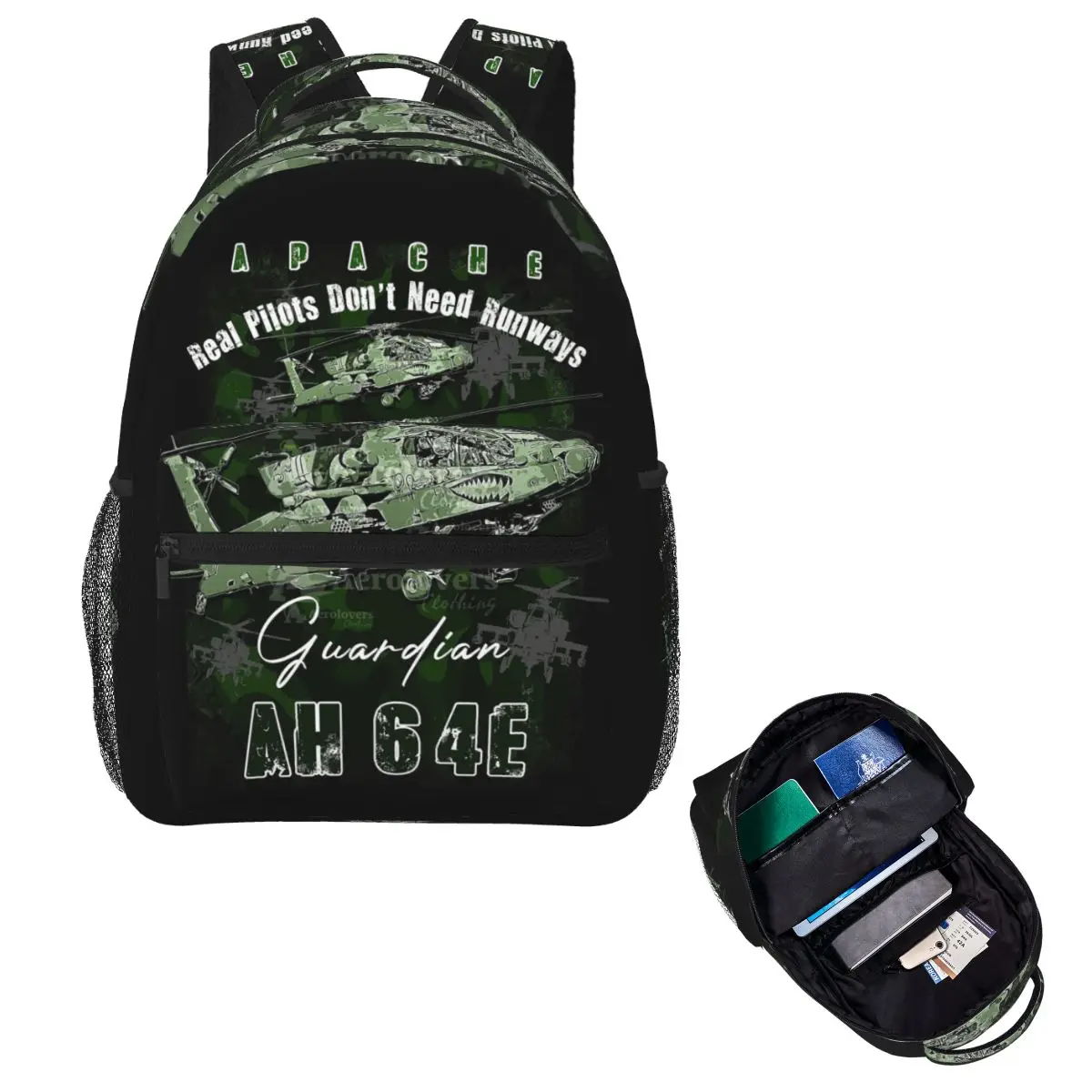 Design AH-64 Apache Helicopter Gunships Student Backpack School Bag Hiking Travel Daypack for Boys Girls Bookbag Shoulder Bags
