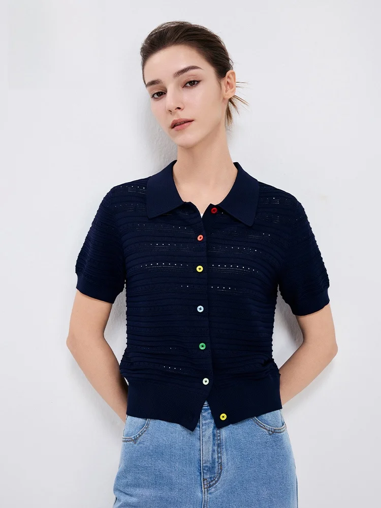 

Navigare Women's Short Sleeve Knitted Cardigan Hollow Design Commute Style Spring New Arrival Breathable Comfortable Fit