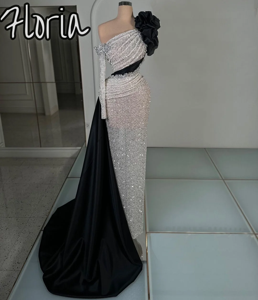 Customized Elegant One Shoulder Mermaid Formal Party Gowns Sparkly Crystal Beads Evening Dress Long Prom Dresses With Side Train
