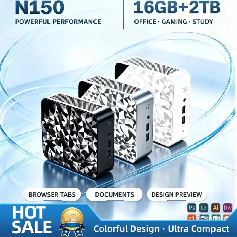 Intel N150 Mini PC Hyper-Portable Compact Design 16GB RAM WiFi6 BT5.2 4K Display Ideal for Graphic Design And Commercial Use