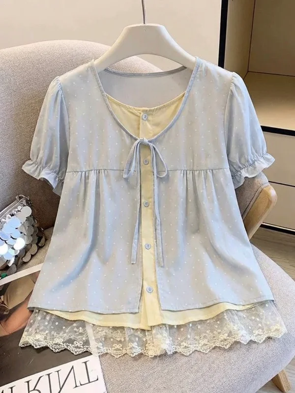 

Summer New Style Women's Short Sleeve Shirt Puffy Sleeve Doll Shirt Loose Fit Commute Style Korean Version round Neck Top