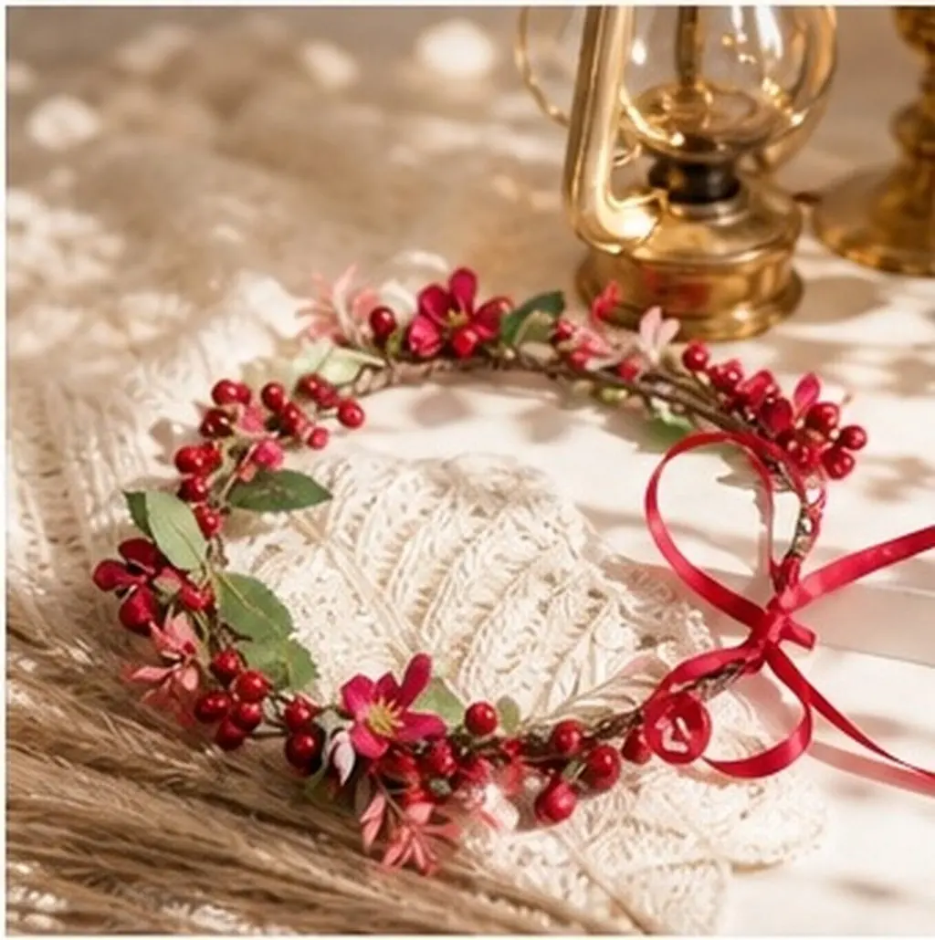 Bride Simulation Flower Headwear Christmas Wreath Red Leaf Fruit Floral Cloth Band for Wedding Bridal Bridesmaid Party Festival
