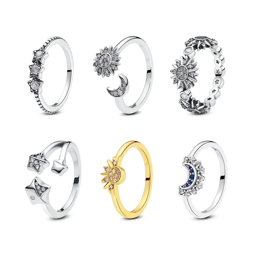 Original 925 Sterling Silver Ring For Women Sun Moon Stars Pave Crystals Stacking Rings Wedding Engagement Gift Luxury Jewelry