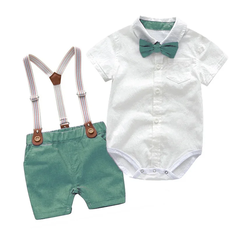 Baby Boy Clothes 1st Birthday Outfit Cake Smash Romper Bodysuits with Suspender Pants for Wedding Party Photo Shoot