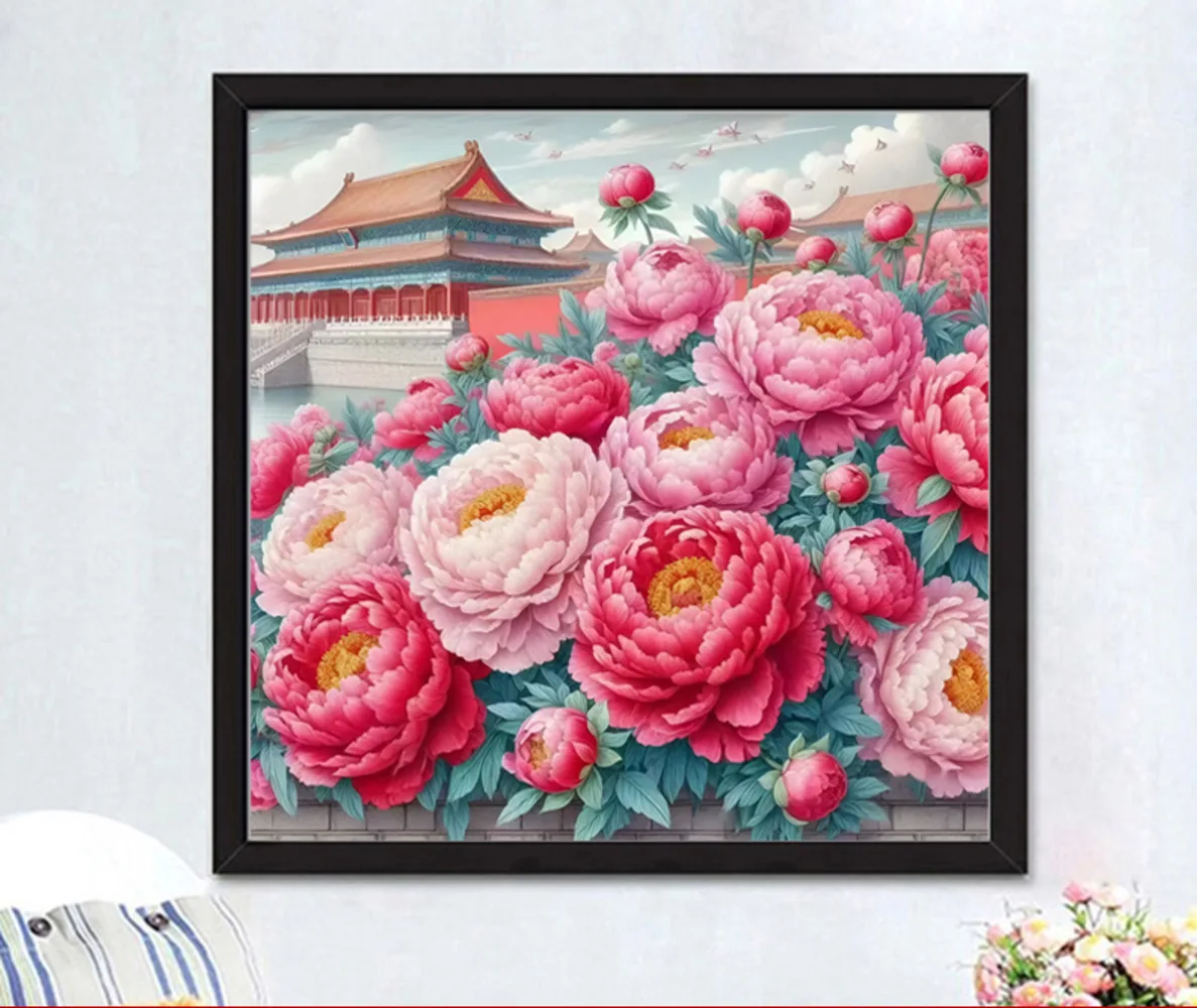 New cross stitch national color peony handmade finished product, simple and modern living room, study, entrance decoration,