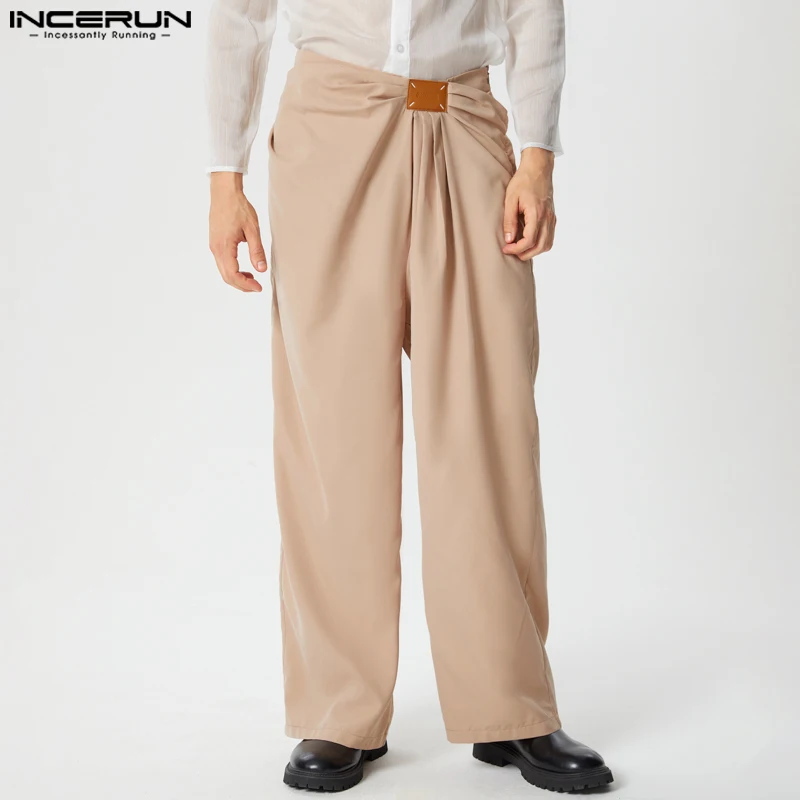 INCERUN Men Fashionable Pants Mid Waist Solid Color Ruffled Streetwear Wide Leg Long Trousers Zipper Up Office Chino Pants