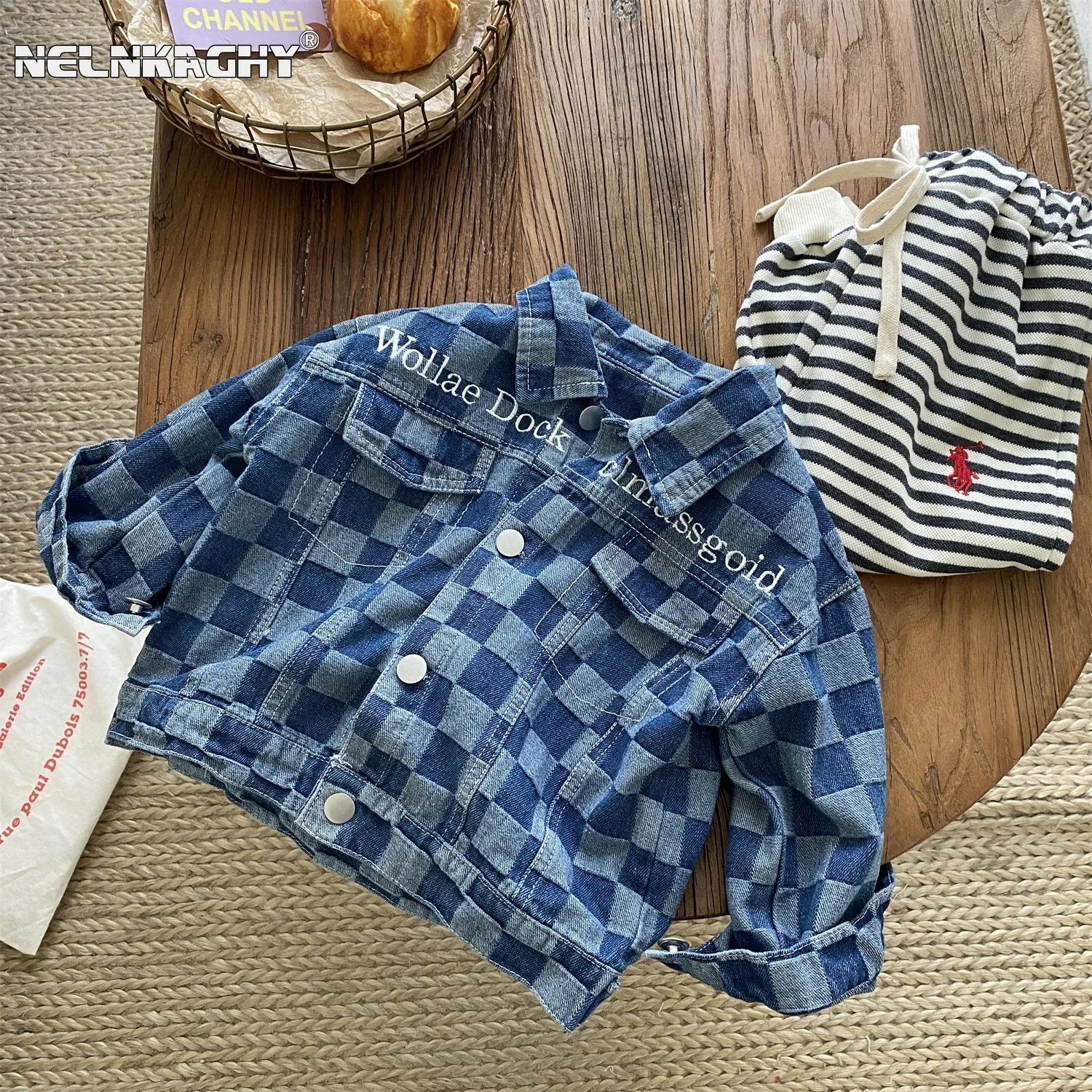 Plaid Letter Denim Coat Trendy Single-breasted Top for Kids Baby Boys 2023 Autumn Collection 1-7Y   Jacket  