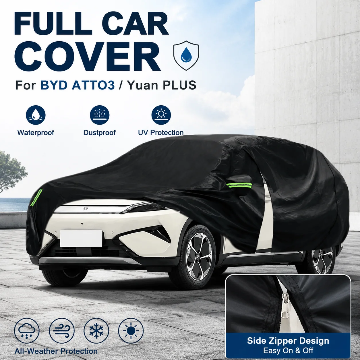 Waterproof Dustproof Sun Protection Outdoor Full Car Cover Side Zipper Design For BYD ATTO3 Yuan PLUS Auto Exterior Accessory