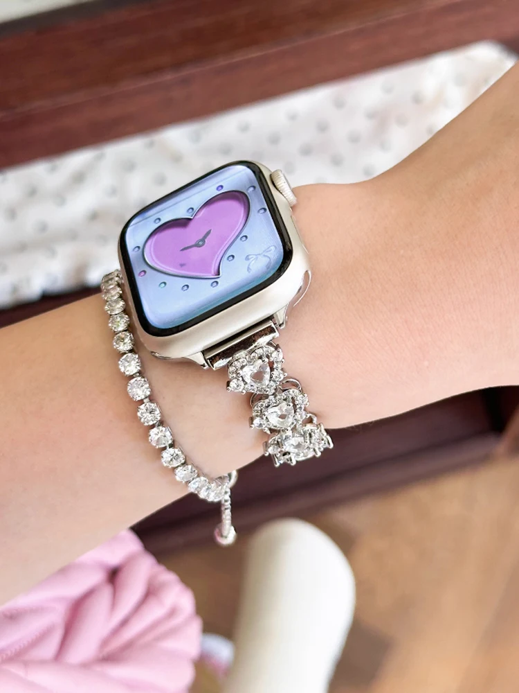 الحب القلب الماس الفرقة ل iWatch الترا 10 9 8 7 6 5 Se 4 المعادن امرأة حزام ل أبل ساعة 38 مللي متر 40 مللي متر 41 مللي متر 42 مللي متر 45 مللي متر 46 مللي متر 49 مللي متر