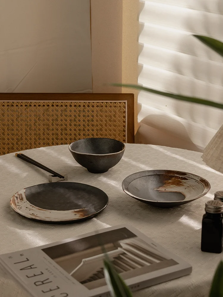 

Cazecao Retro Sle Cerc Bowl Plate Set Coarse Cercs for One Person Jingdezhen Porcelain Tableware Dining Utensils