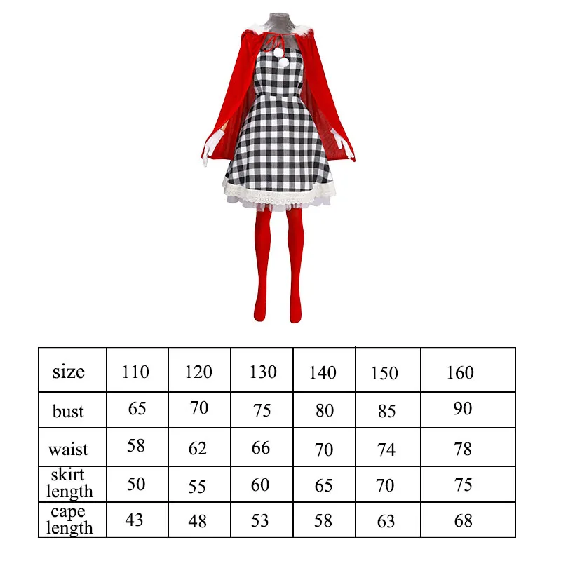 Women Christmas Cosplay Costume Red Hood Cloak+Plaid Dress+Gloves Girls Clothing Christmas Party Dress up for 110-160cm