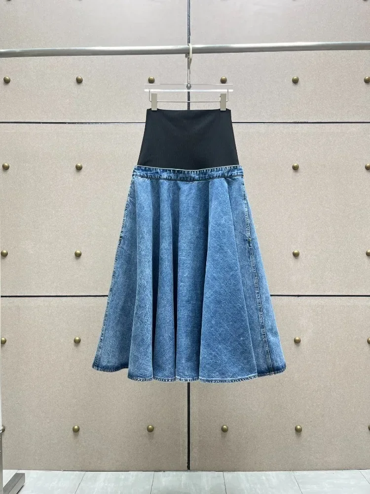 

Women's Blue Black Knitted Ribbed Denim Plaet Summer Midi Skirt for 2024 New Arrivals High Quality Skirts