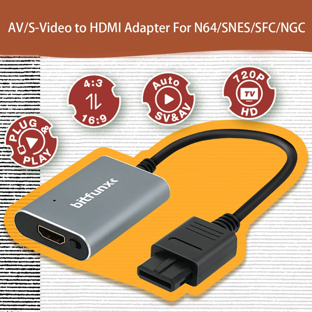 BitFunx 720P Auto AV Svideo To HDMI Converter For N64/SFC/SNES/NGC 4:3/16:9 Aspect Ratio Switching Composite To HDMI Adapter