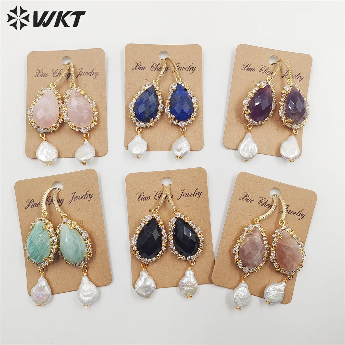 WKT-E706 WKT 2022 Fashion style rose quartz&lapis&amethyst&amazonite&black obsidian/sun stone gold-plate earrings gift style