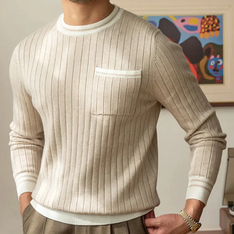 Casual Round Neck Men Knitted Sweater Striped Contrasting Colors Pocket Men's Pullover Mode Homme