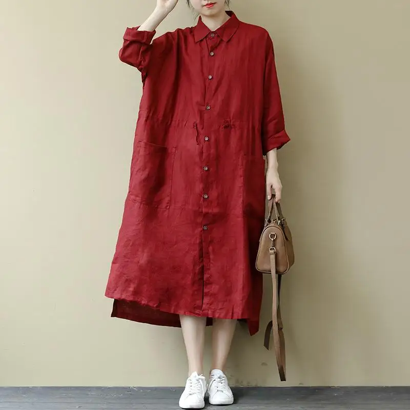 New Arrival Spring Autumn Arts Style Women Turn-down Collar Loose Casual Shirt Dress Single Breasted Cotton Linen Red Dresses