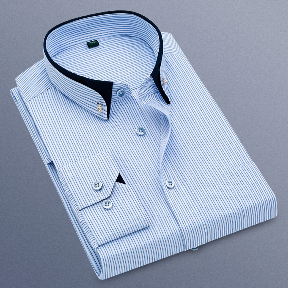 Men\'s Fashion Business Shirt Long Sleeve Slim Striped Shirt Simple Formal Shirt