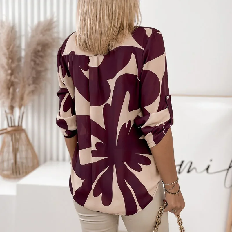 2023 Autumn New Women\'s Shirts Fashion Commuter Casual Half Cardigan Printed Button Loose Versatile Pull Sleeve Shirt