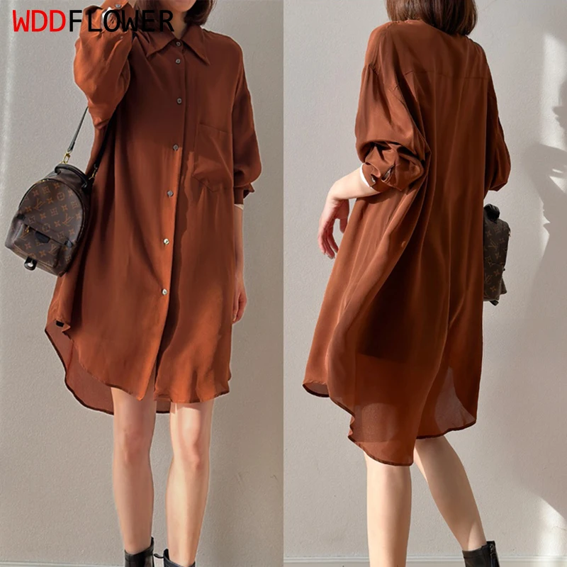 Women Long Cardigan 100% Mulberry Silk Buttons Down Long Sleeve Brown Color Coat Blouse Long Type Shirt Top Summer Beach M1367