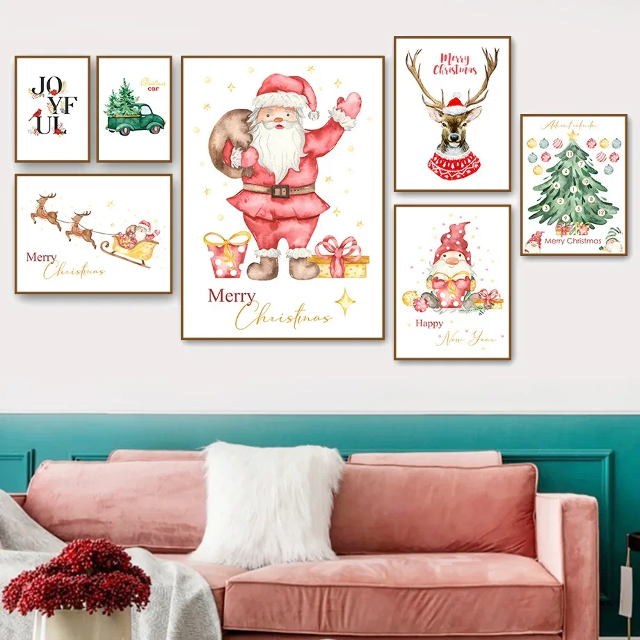 

Christmas Tree Santa Snowman Reindeer Car Wall Art Canvas Painting Nordic Posters And Prints Wall Pictures For Living Room Decor
