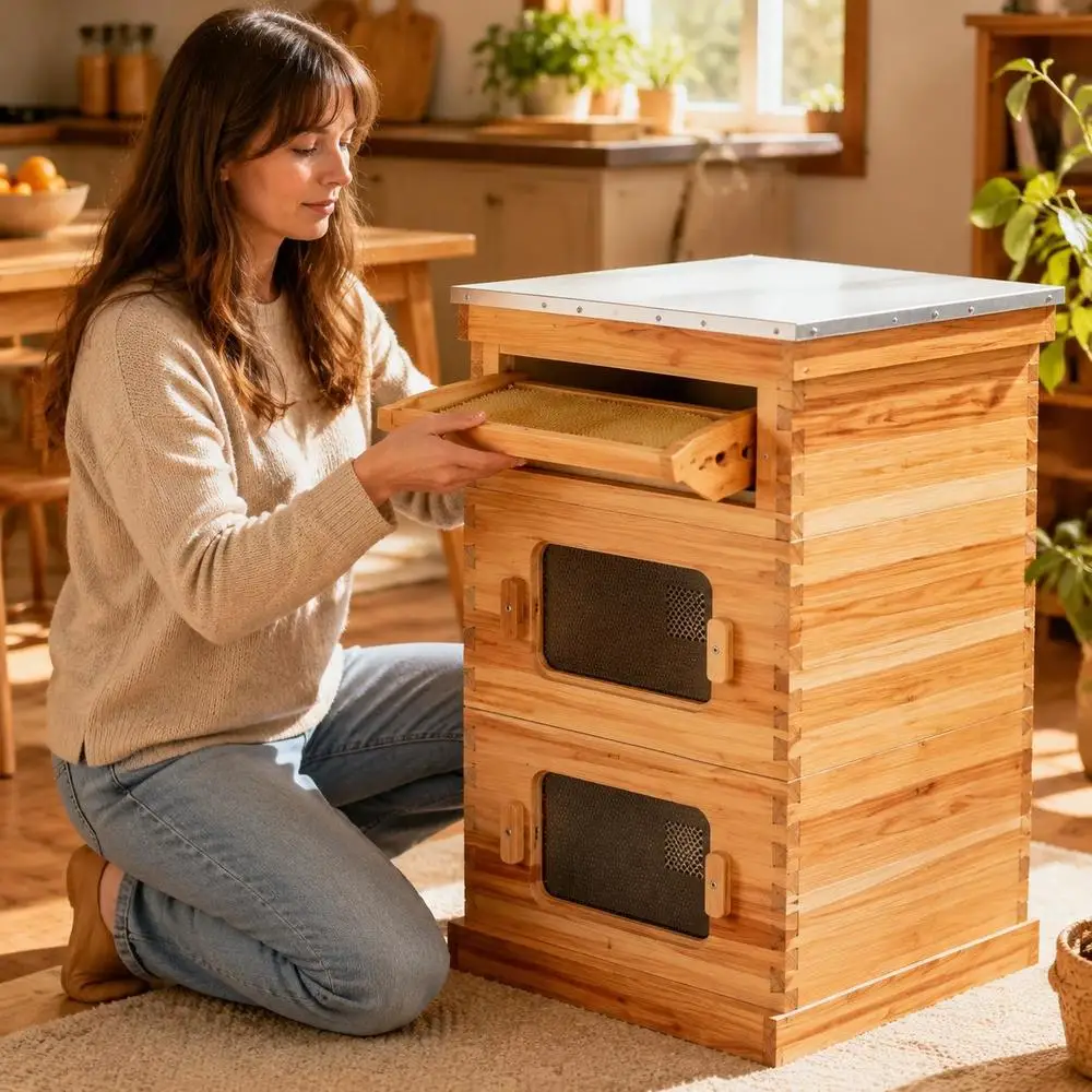 Ruche Langstroth pour 30 cadres, en bois enduit de cire d'abeille, 2 boîtes profondes + 1 boîte moyenne, ensemble de ruches avec fenêtres transparentes en acrylique et fondations