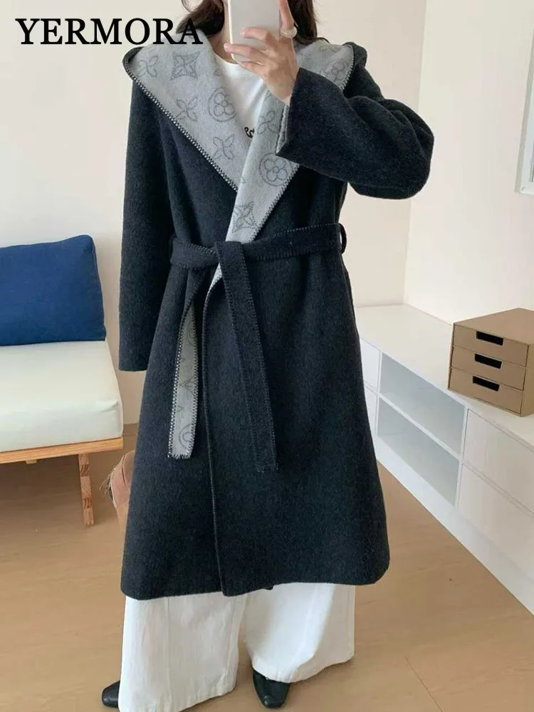 YERMORA Gray Belt Brief Casual Woolen Coat For Women Hooded Long Sleeve Loose Thick Overcoat Fashion Tide Autumn Winter 2026