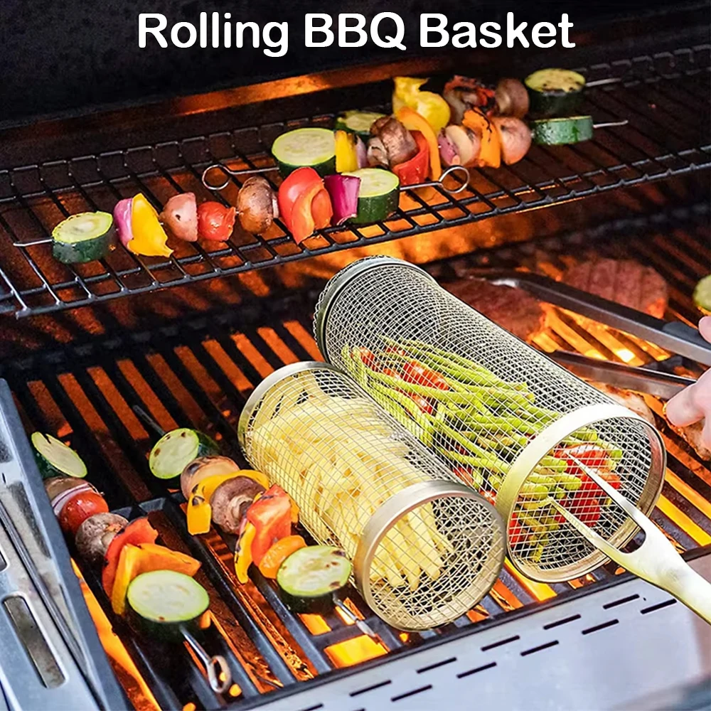 

Outdoor BBQ Stainless Steel Grill Basket Wire Mesh Cylinder Grill Basket Portable Round Outdoor Camping Barbecue Rack Accessorie