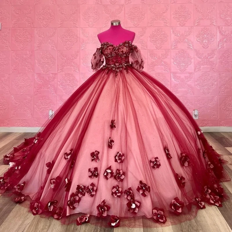 Red Quinceanera Dresses Beaded Formal Prom Lace 3D Flowers Tull Graduation Gowns Princess Vestidos De 15 Años 2025