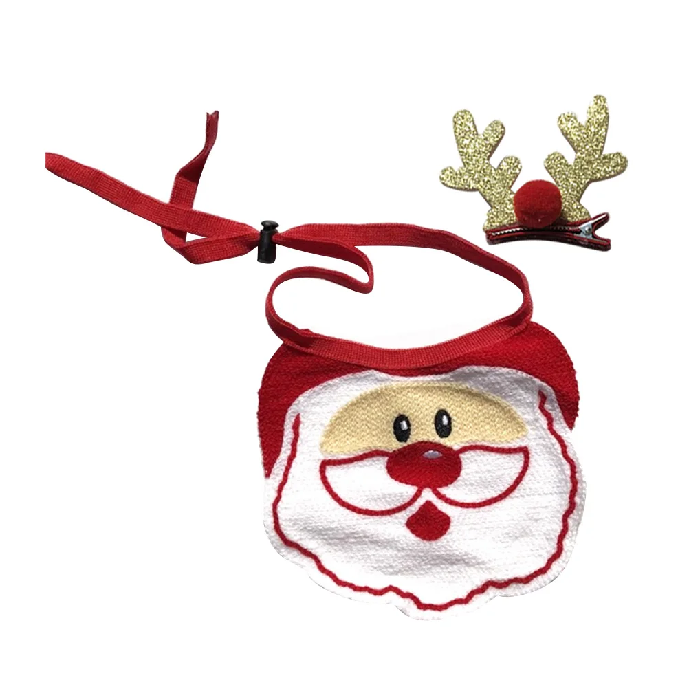 

2Pcs Christmas Dog Bib Adjustable Pet Collar Bibs Santa Claus Hairpin Triangle Scarf Dog Collar Decoration