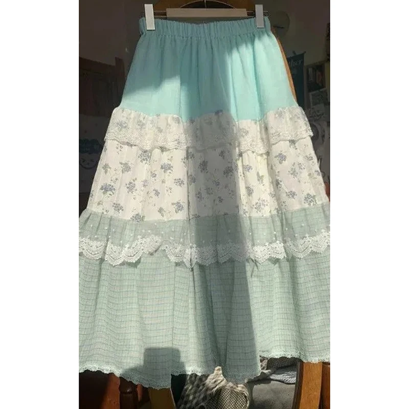 กระโปรงลายดอกไม้หวานๆ สไตล์ Preppy น่ารัก กระโปรงลูกไม้ซ้อนชั้น กระโปรงทรงเอ เอวสูง สไตล์ลำลอง เหมาะสำหรับวันหยุดพักผ่อนที่ชายหาด สไตล์ Y2K