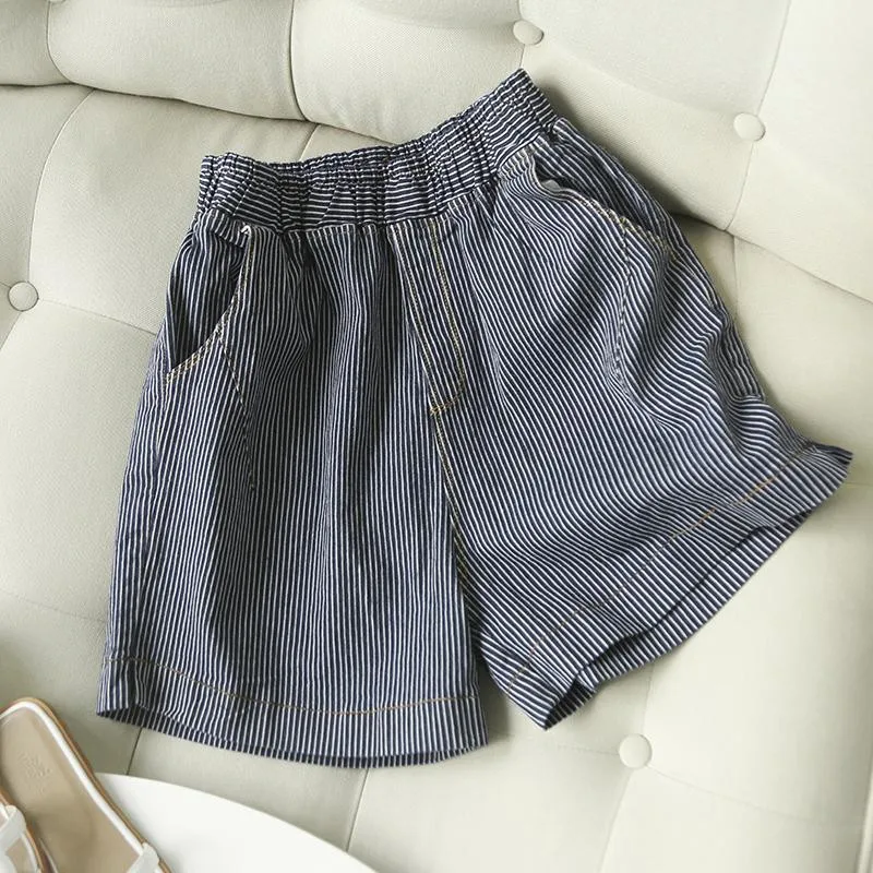 

New 2023 Summer Arts Style Women Elastic Waist Stripe Cotton Denim Shorts All-matched Casual Loose Wide Leg Hot Pants P115