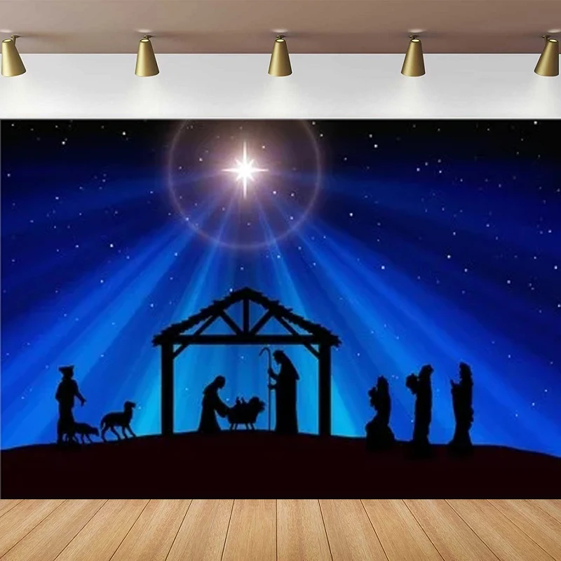 Jesus Christ Photography Backdrop Birth Of Christ Holy Lights Shining Stars Stable Coconut Trees Pilgrimage Nativity Background