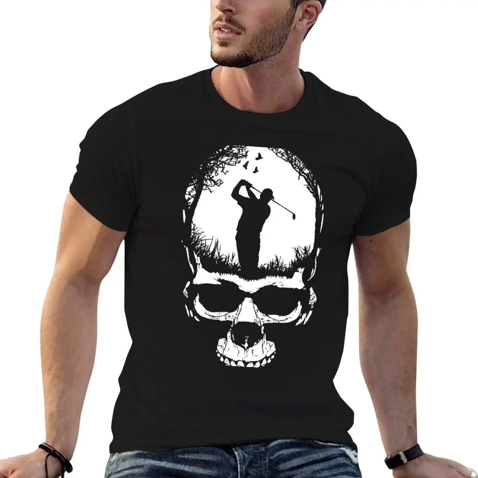 هالوين جولف القوطية لاعب الغولف أبي الهيكل العظمي الجمجمة الغروب تي شيرت تي شيرت القطن 100% تي شيرت رجل فاخر تي شيرت #1