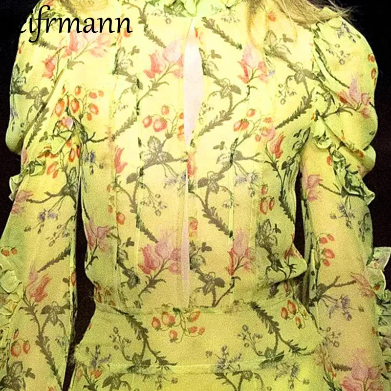 Seifrmann 女性エレガントな菌ロングドレススタンドカラー長袖ファッションプリントカジュアルホリデーボールガウンドレス