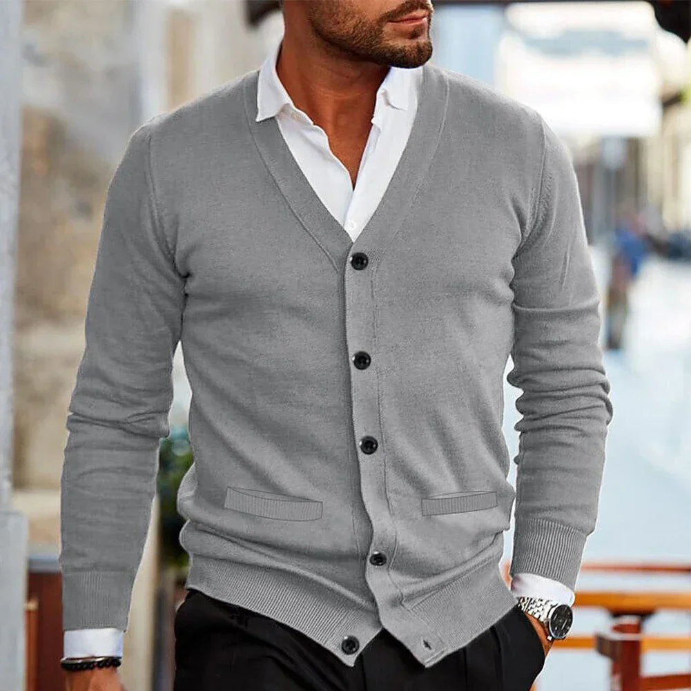 Cardigan vintage à col en V pour hommes, pull décontracté pour la maison, cardigan en tricot avec bouton sur le devant, monochrome, automne, hiver