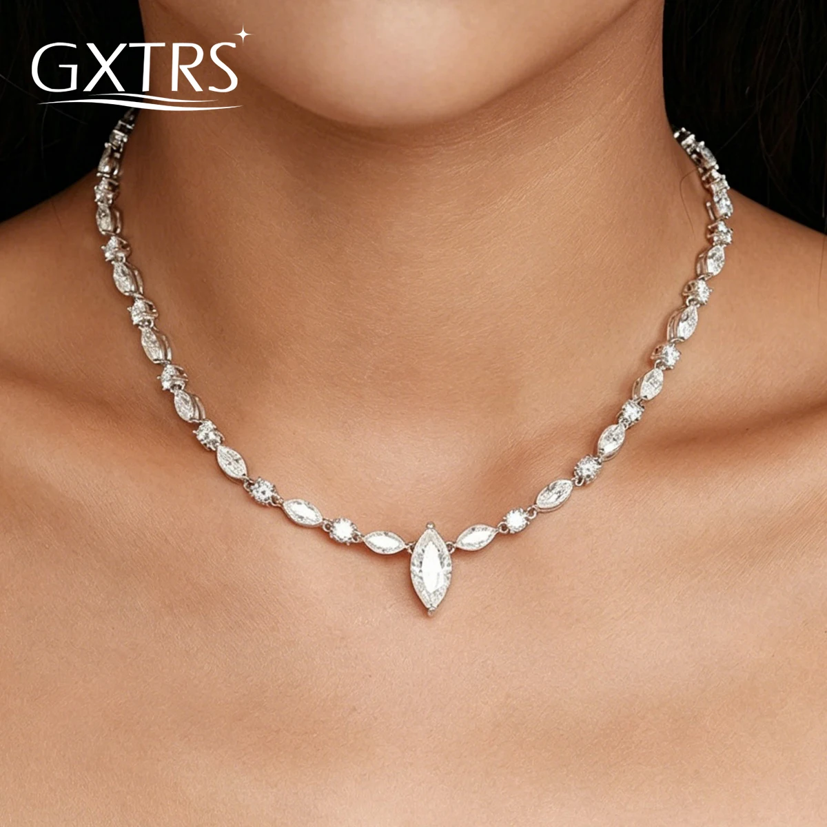 

GXTRS Luxury 4CT Marquise Moissanite Necklaces For Women 925 Sterling Silver Wedding Lab Diamond Neck Chains Fine Jewelry Gifts