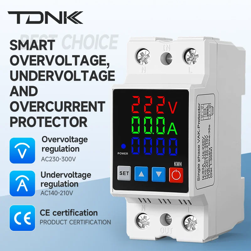 TDNK 63A 220V DIN Rail Digital Voltage Current Protector with Kwh Meter over under Voltage And over Current Protection