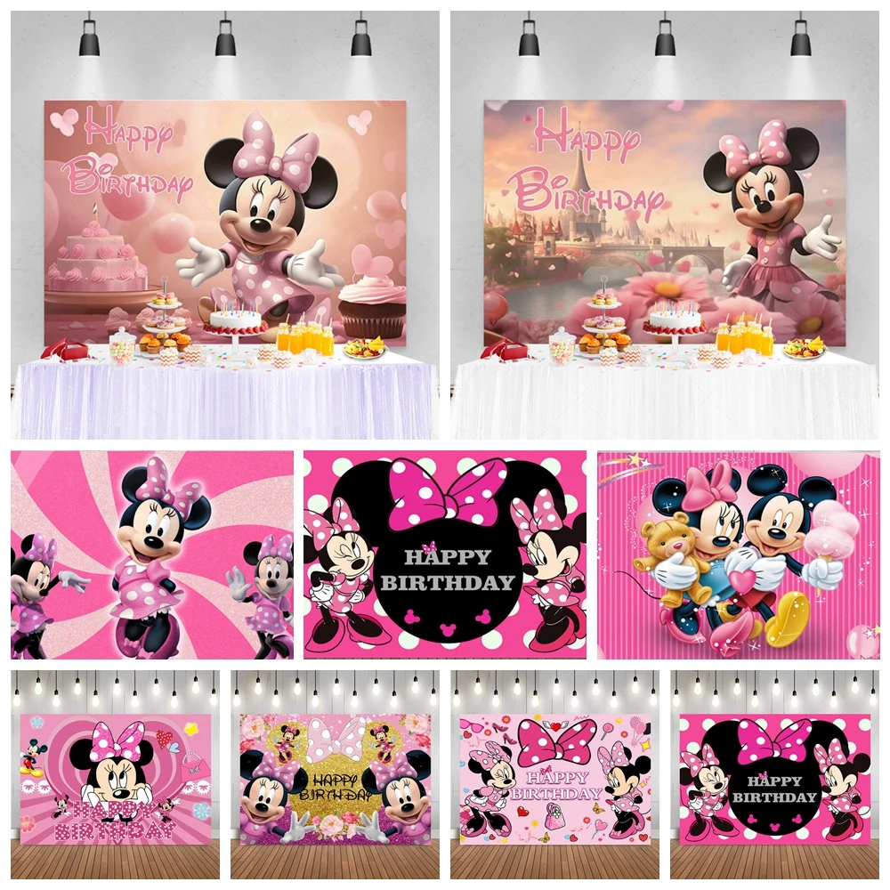 

Minnie Mouse Theme Cake Table Photography Pink Background Children's Birthday Party Wall Decor Baby Shower Backdrops Supplies