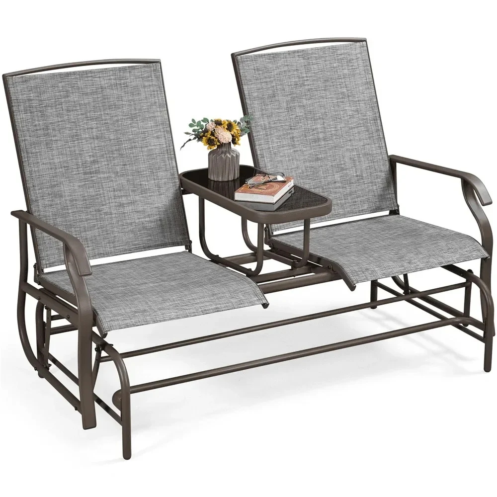 

2-Seater Texteline Glider Bench W/Table for Outdoor, Gray