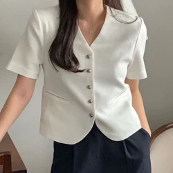 Simple V Neck White Short Sleeve Suits Cropped Cardigan Metal Single Breasted Shirt Women 2024 Spring Jacket Elegant Coat Shirts