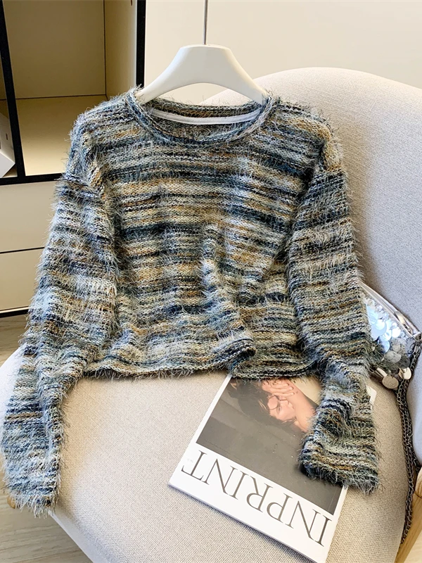 

Корейский свободный крой Long Sve круглый вязаный свитер Ne, женский свитер больших размеров, базовый слой, модная повседневная одежда