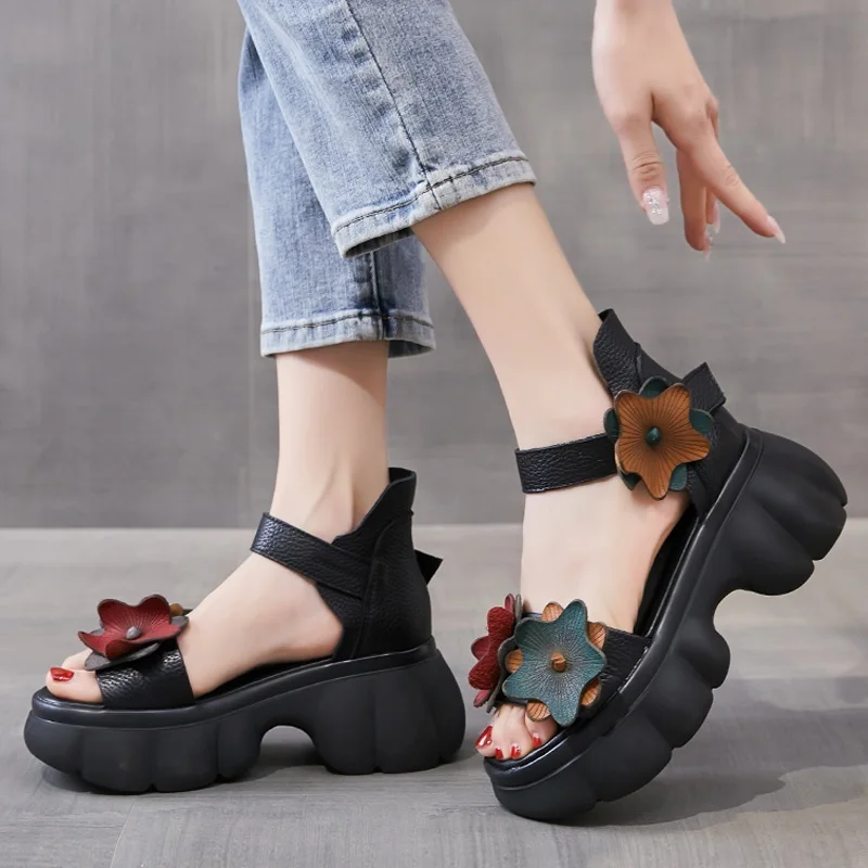 Drkanol 2024 National Style Sandalen Frauen Sommer coole Stiefel offene Zehen Schuhe Echt leder Blumen High Heel Plateaus andalen