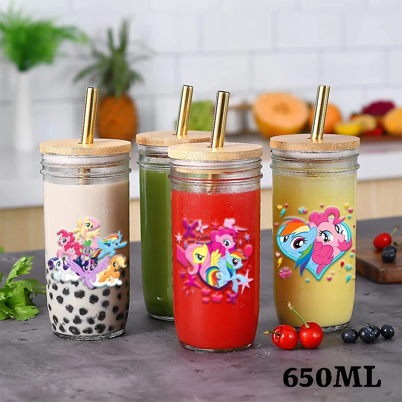 

650ml My Little Ponys Glass Cup with Lid and Straw Transparent Bubble TeaCup Juice Glass Beer Can Milk Mocha Cups Breakfast Mug